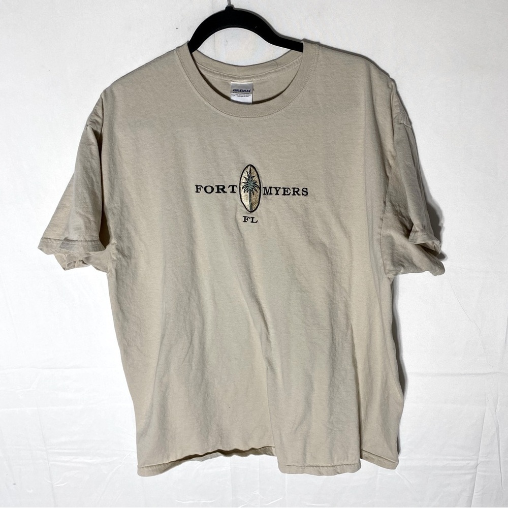 Vintage Gildan Beige Cotton Embroidered Fort Myers Florida T Shirt XL